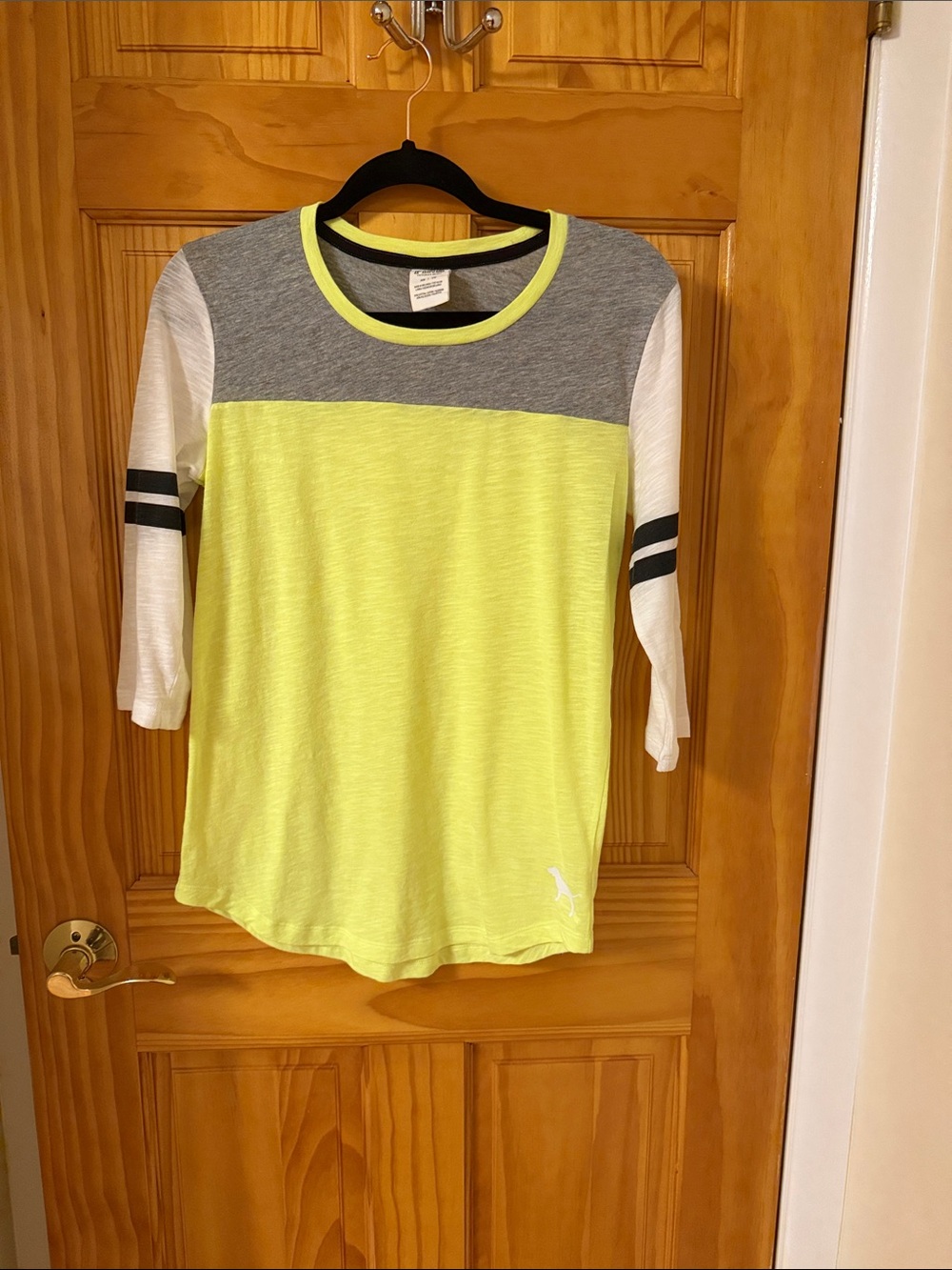 PINK Victoria's Secret Neon Yellow & Gray Colorblock 3/4 Sleeve Tee